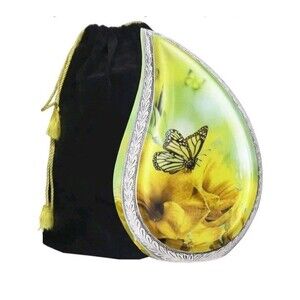 Yellow Butterfly Teardrop Large Urn for Human Ashes, Unique (12")